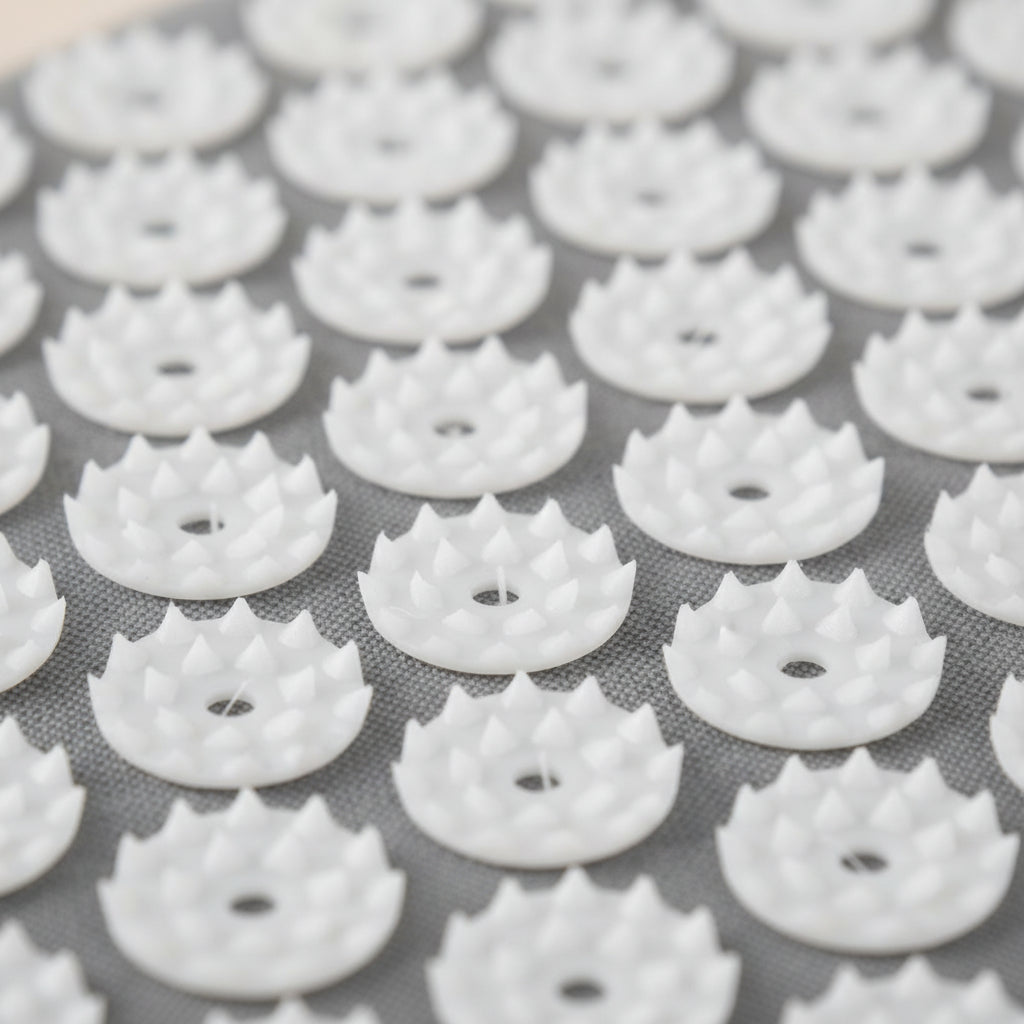 Gros plan sur les picots et le tissu du tapis d'acupression Calmeaa, coloris gris